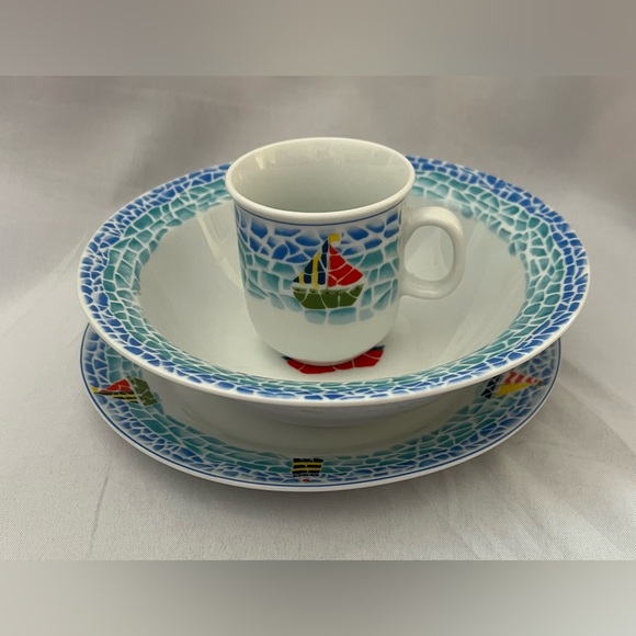 Child Sailboat Lighthouse Dinnerware Set Plate Bowl Mug Blue Nautical Mosaic Rim - Picture 2 of 14